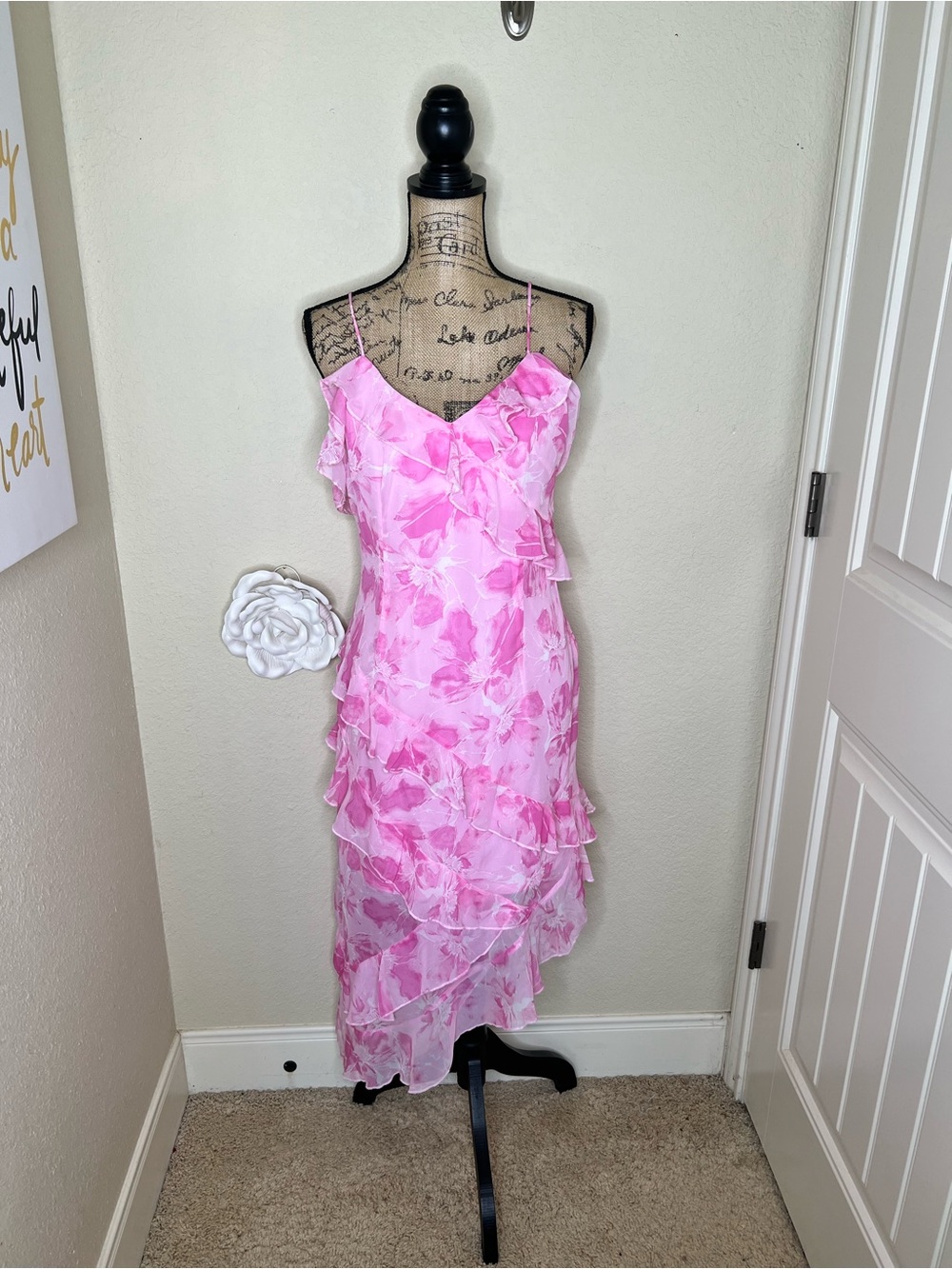 NTM: Listicle Pink Floral Ruffle Asymmetrical Midi Dress NWT M
